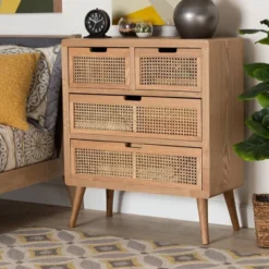 Alina Wood And Rattan 4 Drawer Accent Chest Oak - Baxton Studio -Baxton Studio GUEST f414242c ff75 4f48 b786 37d0dd0c1c8e