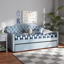 Twin Freda Velvet Tufted Daybed With Trundle Light Blue - Baxton Studio -Baxton Studio GUEST f5808d0e 06ca 4920 acbf e285c1f909f1