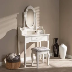 2pc Veronique White Finished Wood Vanity Table With Mirror And Ottoman White - Baxton Studio -Baxton Studio GUEST f863a476 0be8 4088 944d 7ddd20db8cfa