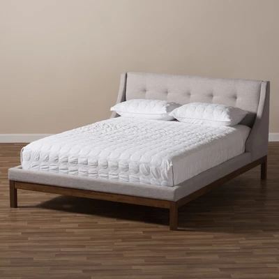 Louvain Modern And Contemporary Fabric Upholstered Walnut - Finished Platform Bed Grayish Beige - Baxton Studio 8 Louvain Modern And Contemporary Fabric Upholstered Walnut - Finished Platform Bed Grayish Beige - Baxton Studio - Image 6