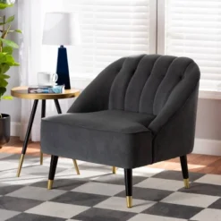 Ellard Velvet Fabric Upholstered Two-Tone Wood Accent Chair Gray/Dark Brown - Baxton Studio 15 Ellard Velvet Fabric Upholstered Two-Tone Wood Accent Chair Gray/Dark Brown - Baxton Studio -Baxton Studio GUEST f90915fb a2fb 41ac bb95 079b816dc4f0