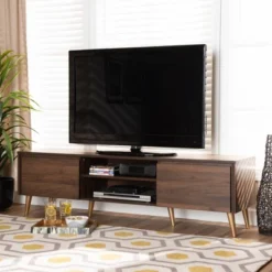 Landen Mid-Century Modern Wood TV Stand For TVs Up To 65" Walnut/Gold/Brown - Baxton Studio -Baxton Studio GUEST f9393a71 1709 40cc b6b3 ccb3d046873e
