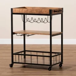 Cerne Oak And Finished Mobile Metal Bar Cart With Wine Bottle Rack Brown - Baxton Studio -Baxton Studio GUEST fa213c69 b13a 4c71 a88c 61c1a5369f43