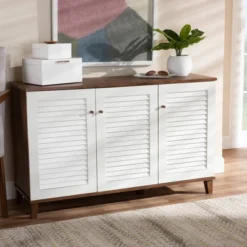 Coolidge 8 Shelf Wood Shoe Cabinet White/Walnut - Baxton Studio -Baxton Studio GUEST fb0a2ab8 9bc3 4041 88d6 ae574d7c8f5c