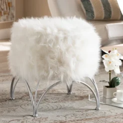 Celia Faux Fur Upholstered Silver Metal Ottoman White/Silver - Baxton Studio -Baxton Studio GUEST fb6abb88 a5b2 40e2 b423 e82a2808b68b