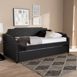 Twin Ally Fabric Upholstered Sofa Daybed With Roll Out Trundle Guest Bed Dark Gray - Baxton Studio -Baxton Studio GUEST fe08012f 2bf6 491f a494 de78d820116f