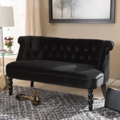 Flax Victorian Style Contemporary Velvet Fabric Upholstered 2 Seater Loveseat Black - Baxton Studio -Baxton Studio GUEST ffd07fcc 5f13 4011 bbe2 5107680f4565